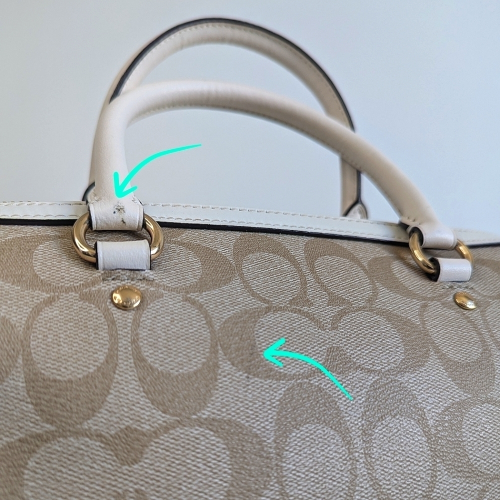 Coach Rowan Satchel Bag Signature Logo Taupe Canvas Leather Trim Crossbody Purse - Picture 6 of 16